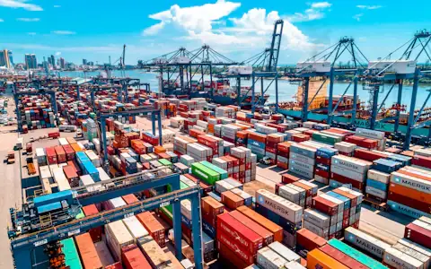 Stacked shipping containers at the port of Dar es Salaam, Tanzania