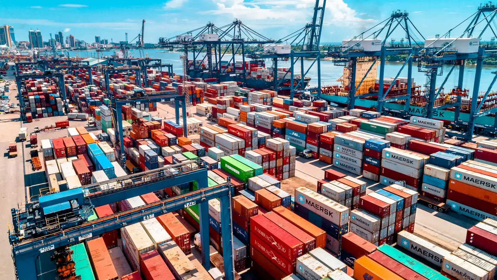 Stacked shipping containers at the port of Dar es Salaam, Tanzania