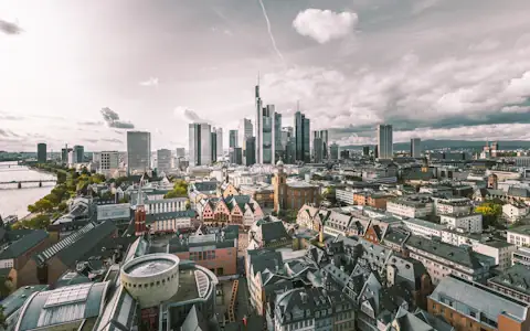 Aerial view of the Frankfurt skyline, home of the ECB and the digital euro