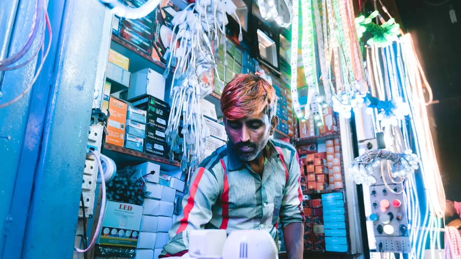 Street vendor selling assorted lights at a market stall in India
