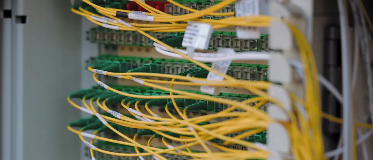 Neatly connected yellow and green fibre optic cables, the physical links of payment networks