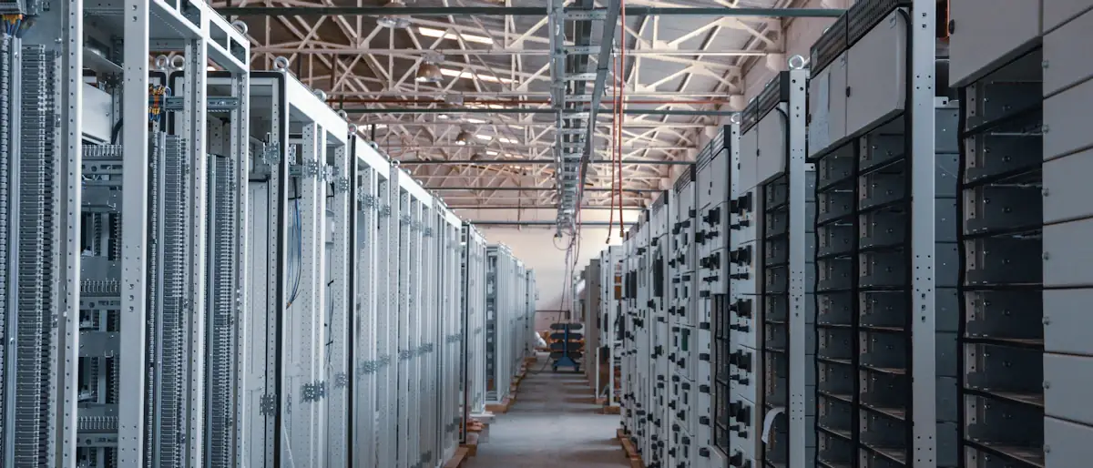 Aisle of metal server racks in a data centre, the infrastructure behind modern payment rails