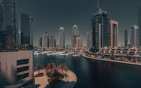 Dubai Marina towers and yachts on the water, home to many of the UAE's fintech companies