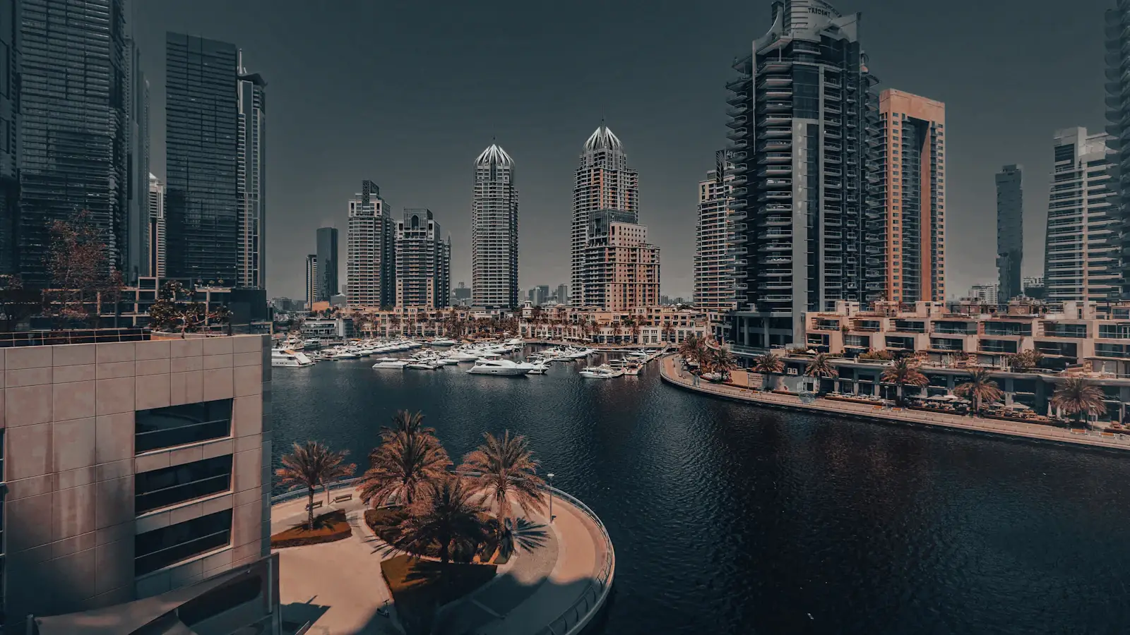 Dubai Marina towers and yachts on the water, home to many of the UAE's fintech companies
