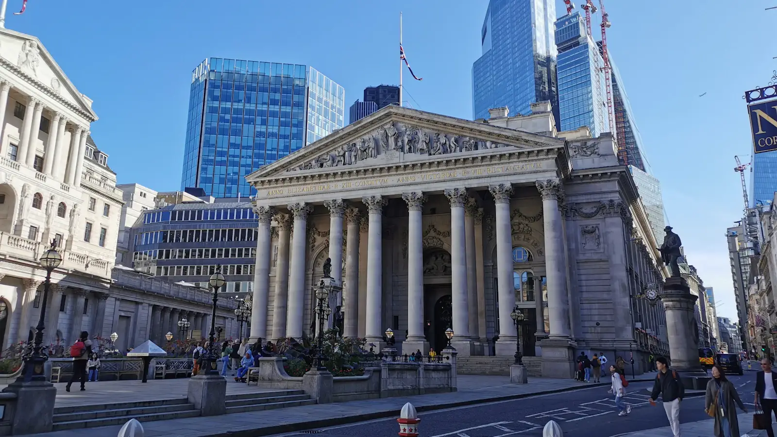 Bank junction in the City of London with the Royal Exchange, beside the Bank of England